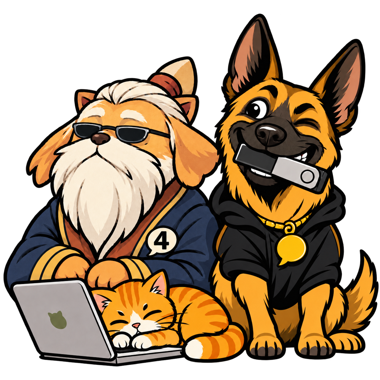 The Fourfather wearing a yap2mint logo beside Barkoli and a sleeping cat.